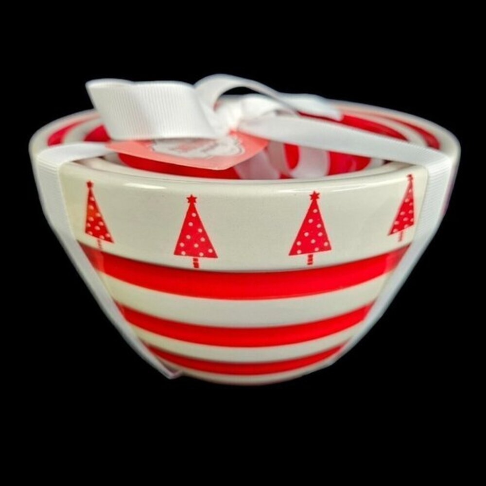 Terramoto Ceramic Bowls Set 3 Nesting Christmas Tree Red White Stripe Snack READ
